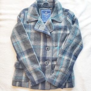 American Eagle Blue and Gray Plaid Pea Coat Sz S